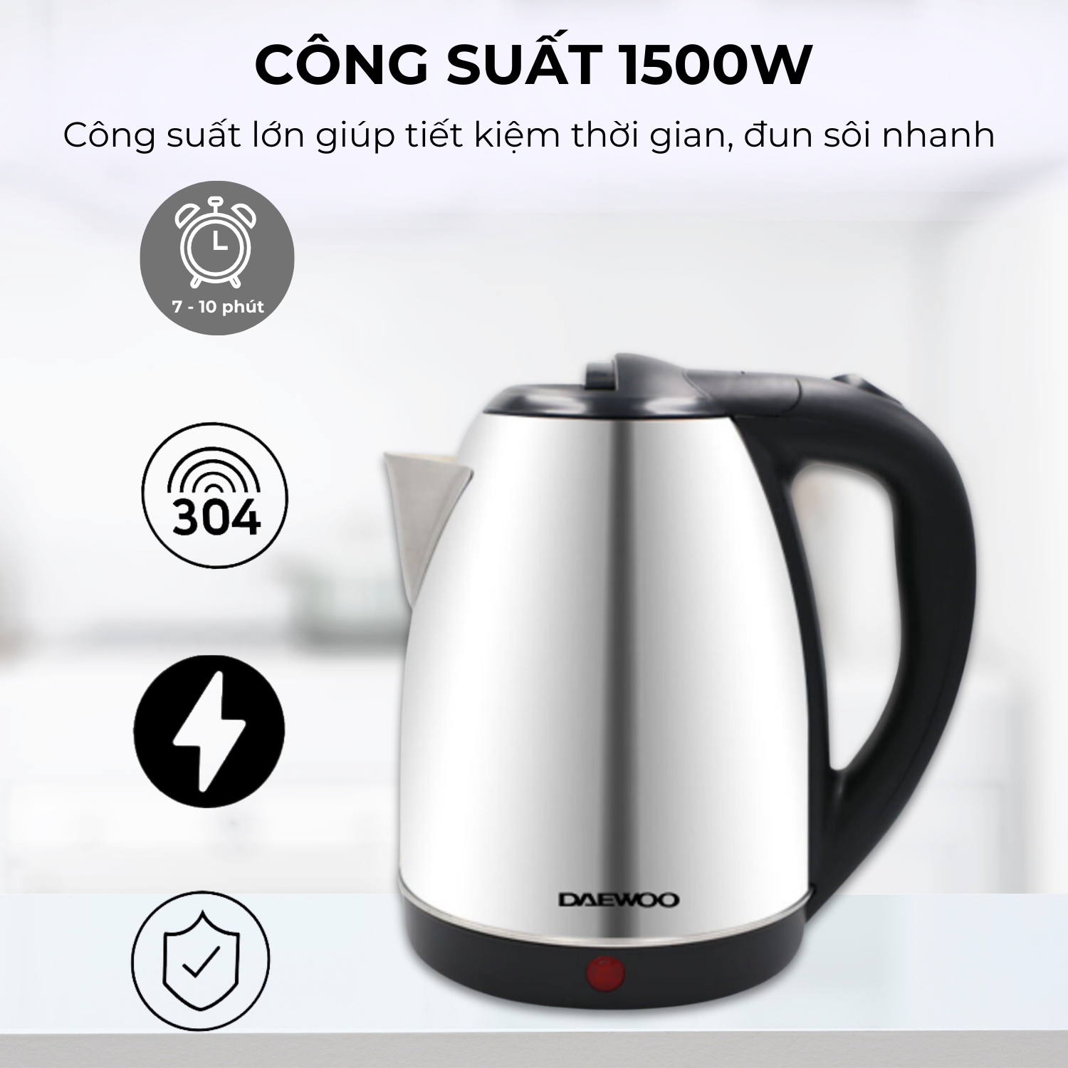 Mô tả Ấm siêu tốc inox 304 cao cấp đảm bảo an toàn 1.8L Daewoo DWK-S1805 đế xoay 360 độ  - Hàng chính hãng BH 2 năm - 5