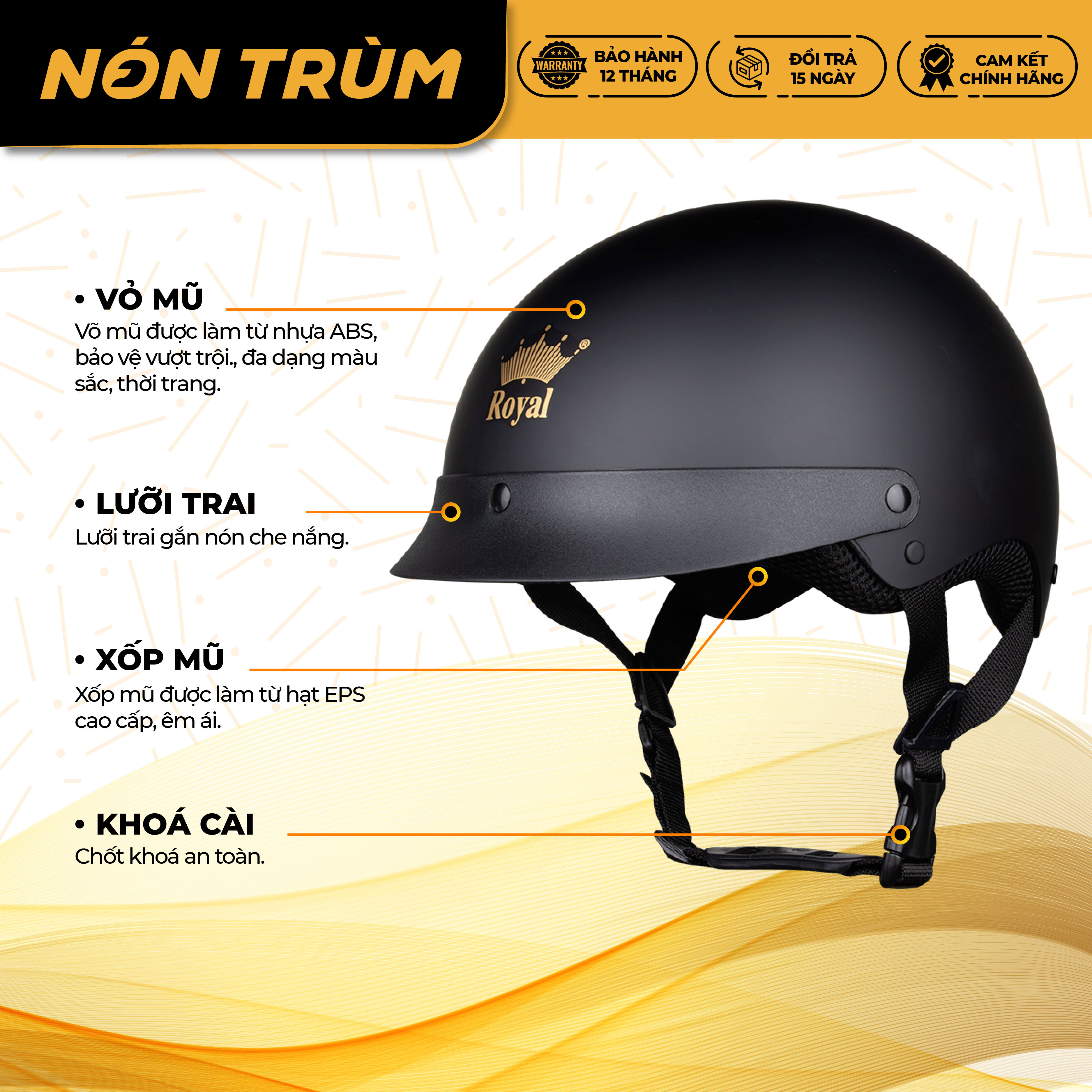 Mô tả Mũ bảo hiểm nửa đầu Royal M162 lưỡi trai size L và XL đi xe máy cho nam và nữ chính hãng - 6