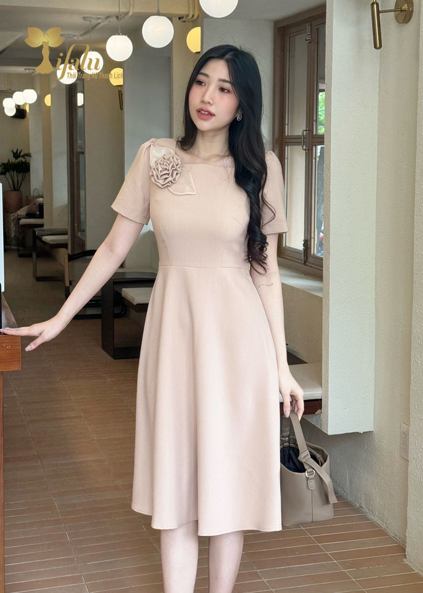 Mô tả Váy nữ đầm thiết kế Zol by TIFALU dáng xòe trẻ trung chất chéo Hàn - ZOL407NUDE - 1