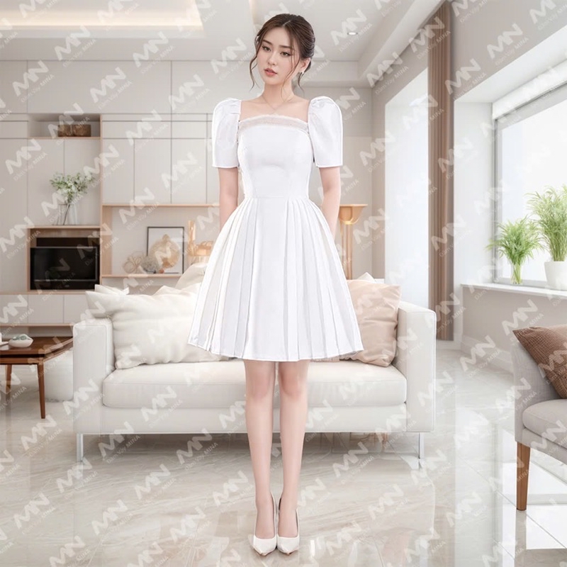 Mô tả Đầm công chúa MINA tay phồng dáng xoè xếp ly chất Taffeta phối Voan điệu đà dự tiệc, đi chơi MN214 - 3