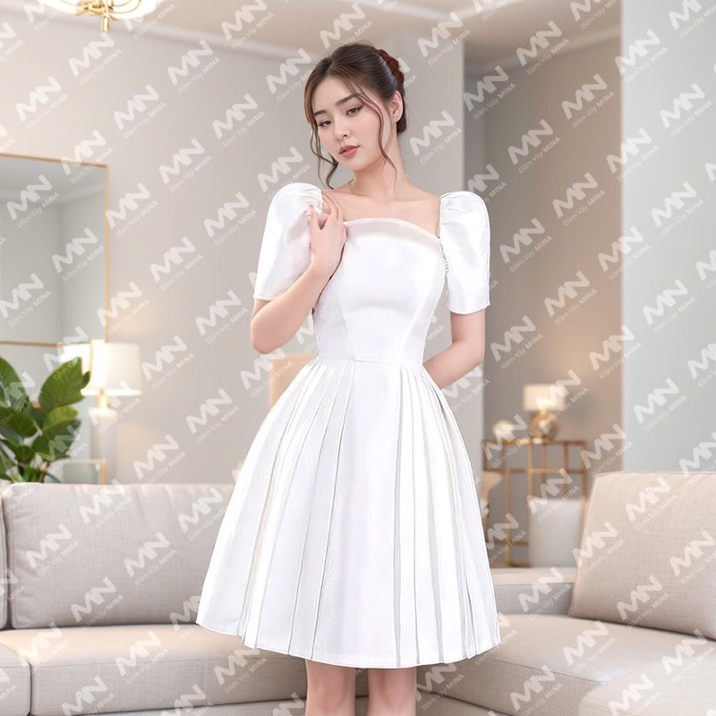 Mô tả Đầm công chúa MINA tay phồng dáng xoè xếp ly chất Taffeta phối Voan điệu đà dự tiệc, đi chơi MN214 - 5