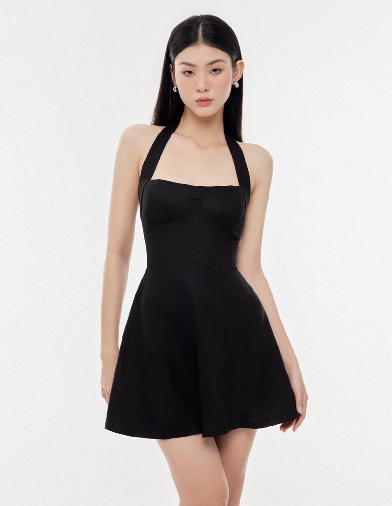 Mô tả Đầm hở lưng cổ yếm dự tiệc thương hiệu Đầm Váy Mina dáng xoè mini chất Cotton Nhật quyến rũ MN254 - 2