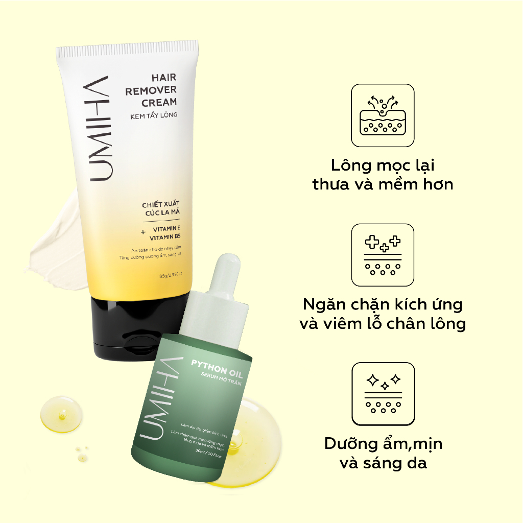 Mô tả Combo triệt lông Bikini Vùng Kín vĩnh viễn UMIHA ORGANIC gồm Mỡ Trăn Umiha 30ml và Kem Tẩy Lông Umiha 85g an toàn - 4