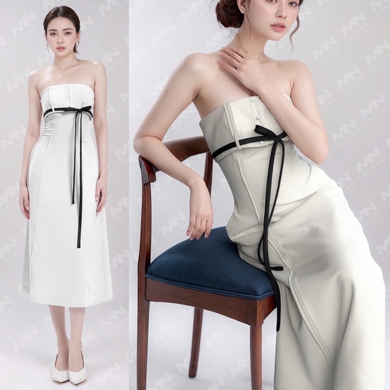 Mô tả Đầm dự tiệc MINA dáng suông dài midi thiết kế cúp ngực chất KaKi quyến rũ sang trọng MN244 - 1