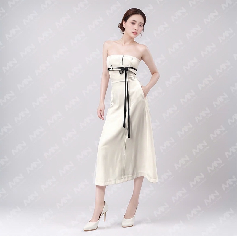 Mô tả Đầm dự tiệc MINA dáng suông dài midi thiết kế cúp ngực chất KaKi quyến rũ sang trọng MN244 - 2