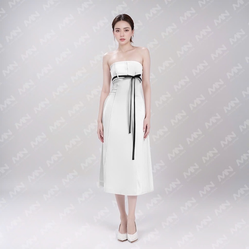 Mô tả Đầm dự tiệc MINA dáng suông dài midi thiết kế cúp ngực chất KaKi quyến rũ sang trọng MN244 - 3
