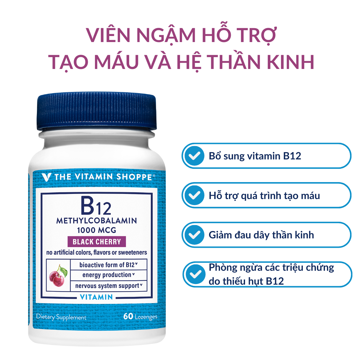 Mô tả Viên ngậm hỗ trợ tạo máu và hệ thần kinh THE VITAMIN SHOPPE B12 Methylcobalamin 1000 MCG 60 viên - 1