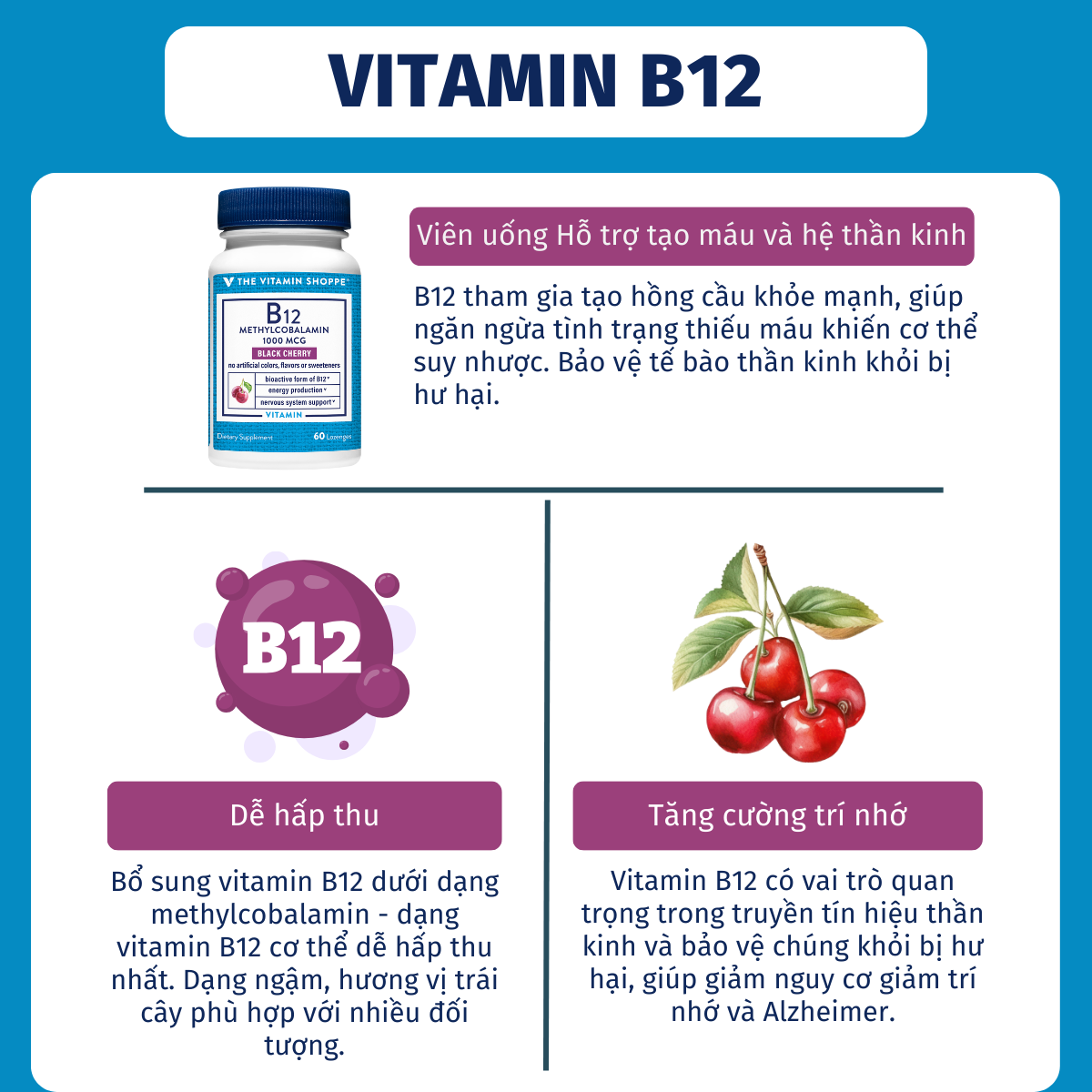 Mô tả Viên ngậm hỗ trợ tạo máu và hệ thần kinh THE VITAMIN SHOPPE B12 Methylcobalamin 1000 MCG 60 viên - 2