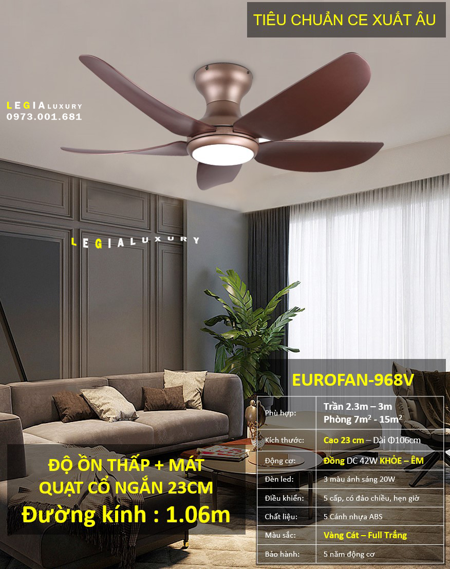 Mô tả Quạt Trần Mini chung cư Cao Cấp ERF968 phù hợp phòng diện tích 7m2 đến 15m2 - 1