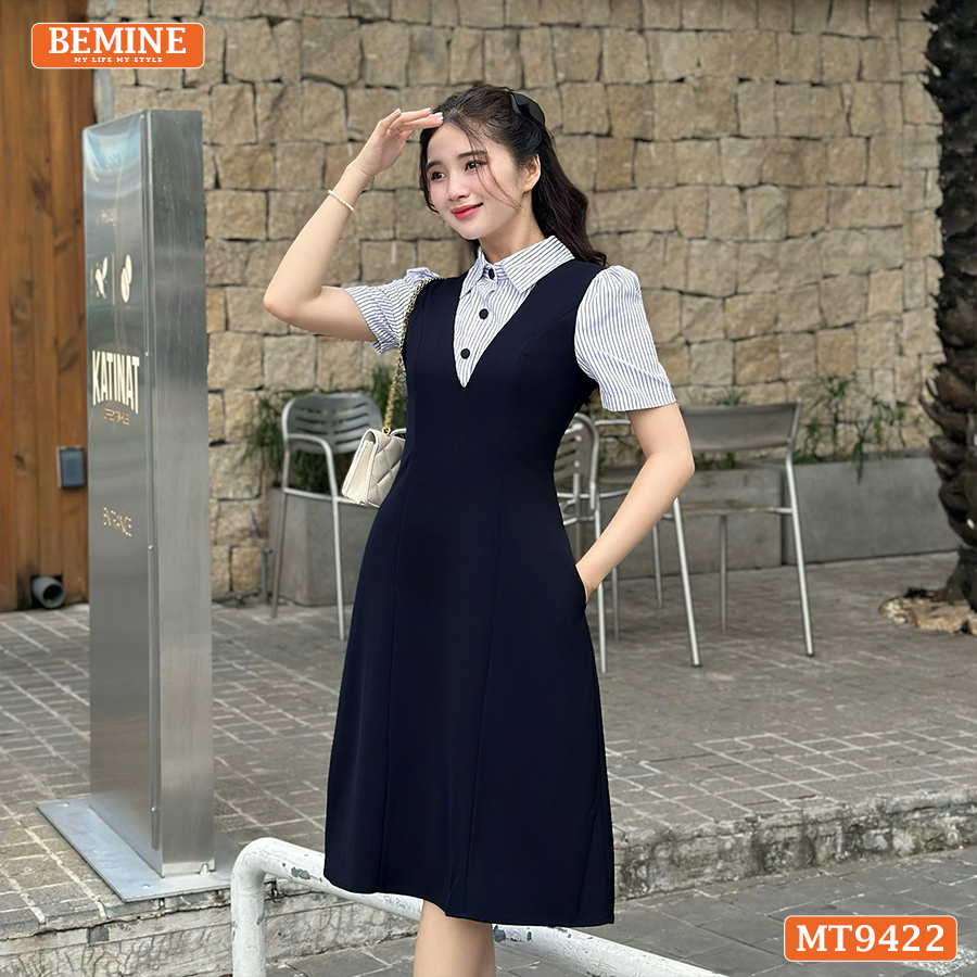 Mô tả Đầm thiết kế BEMINE cổ sơ mi dáng chữ A giả yếm phù hợp đi làm, đi dạo phố-MT9422 - 1