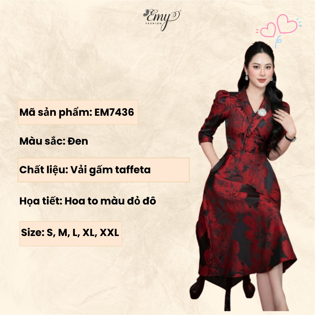 Mô tả Đầm Thiết Kế EMY Thời Trang Cao Cấp Trung Niên EM7436 Vải Gấm Taffeta, Nền Đen Hoa To Đỏ Đô Sang Chảnh Đi Tiệc - 1