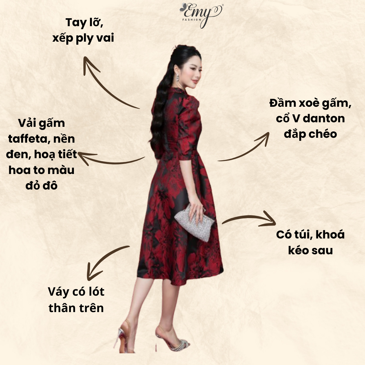 Mô tả Đầm Thiết Kế EMY Thời Trang Cao Cấp Trung Niên EM7436 Vải Gấm Taffeta, Nền Đen Hoa To Đỏ Đô Sang Chảnh Đi Tiệc - 3