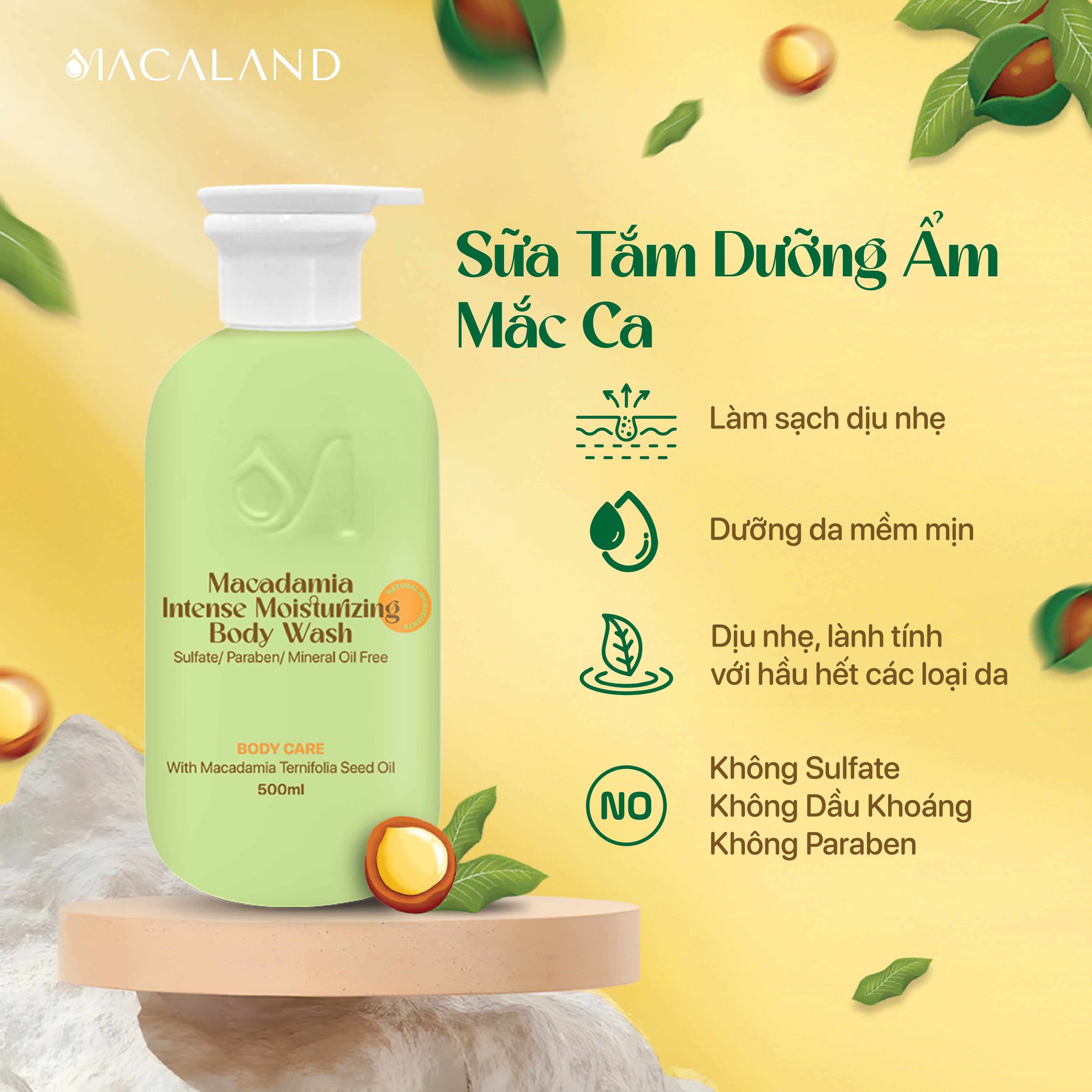Mô tả Sữa Tắm Dưỡng Ẩm Mắc Ca MACALAND 250ml/500ml Không Sulfate, Cấp Ẩm, Dưỡng Da Sáng Mịn - 1