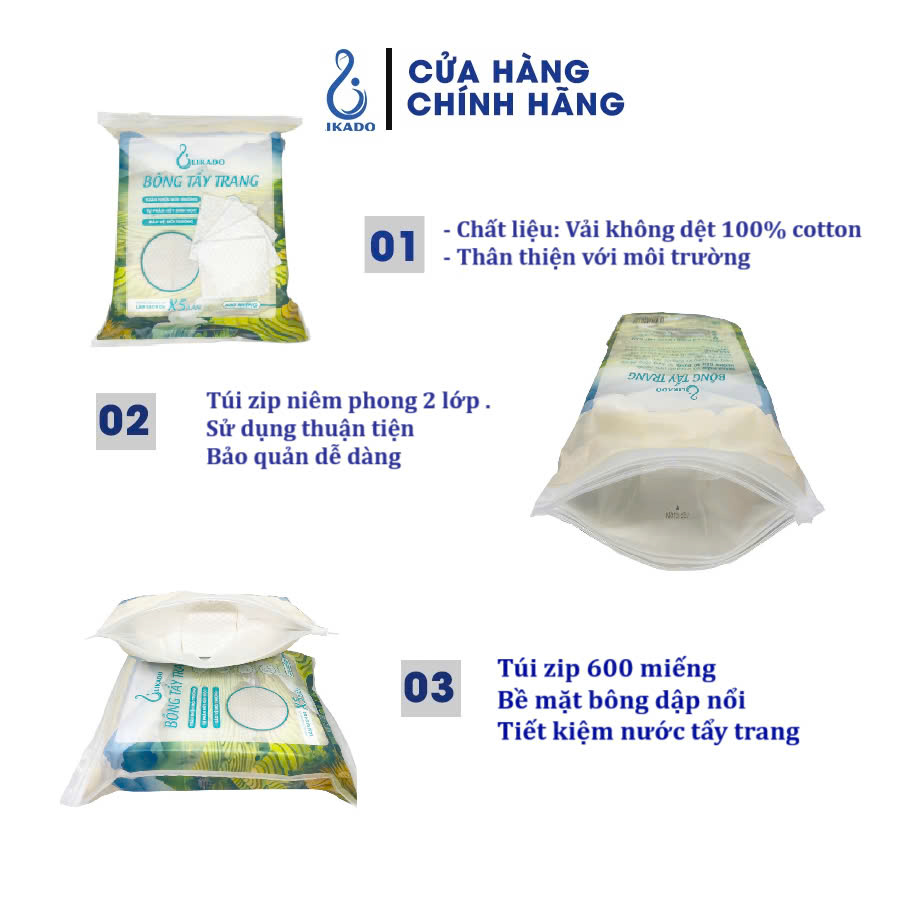 Mô tả Bông tẩy trang Likado túi 600 miếng kích thước 6cmx5cm - 1