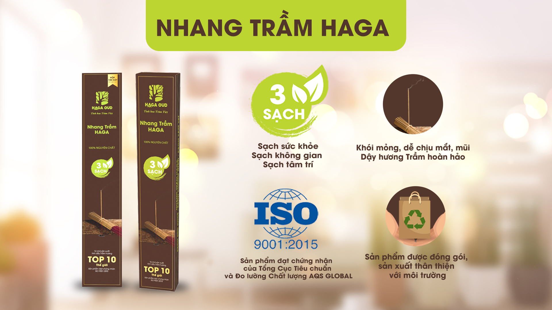 Mô tả Nhang trầm Haga 3 Sạch, 100 cây tiết kiệm, Thơm trầm, Ít khói, An toàn sức khỏe - 30cm/40cm - 1