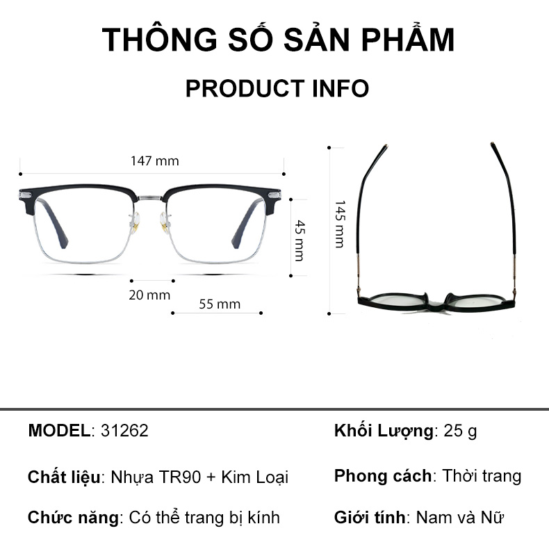 Mô tả Gọng kính cận nửa viền thời trang nam nữ ANDU EYEWEAR dáng vuông chất liệu TITAN - 31262 - 2