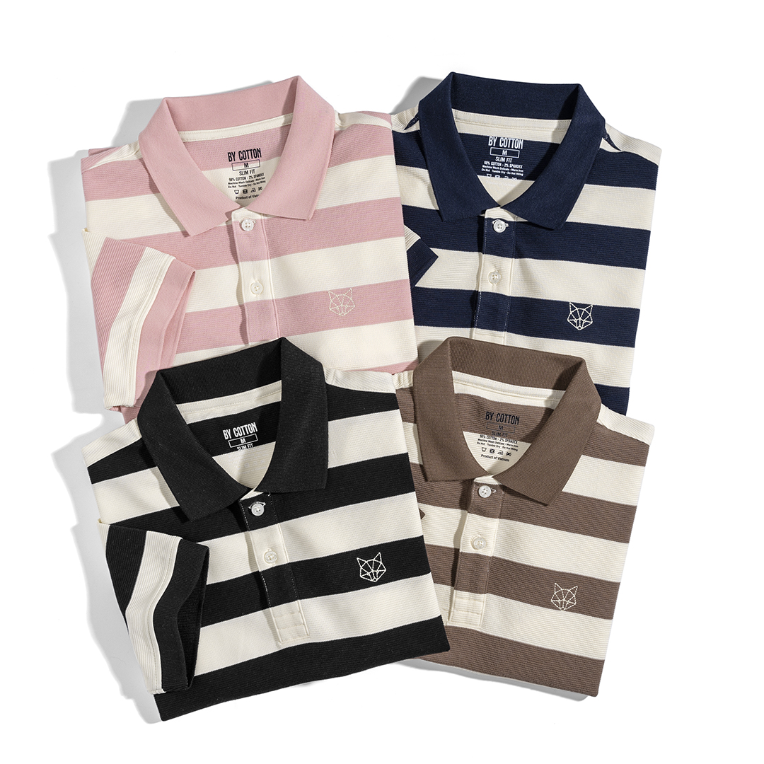 Mô tả Áo Thun Polo Nam Cao Cấp Stripes Fox Vải Gân, Sợi Spandex Chống Nhăn Multi Color BY COTTON - 6