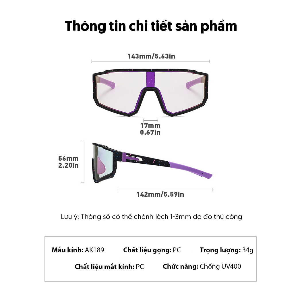 Mô tả Kính Thể Thao Chống Gió Bụi Nước Mưa AORON Đạp Xe Vận Động Ban Ngày Ban Đêm Chống Tia UV400 Đổi Màu Đa Dạng AK189 - 3