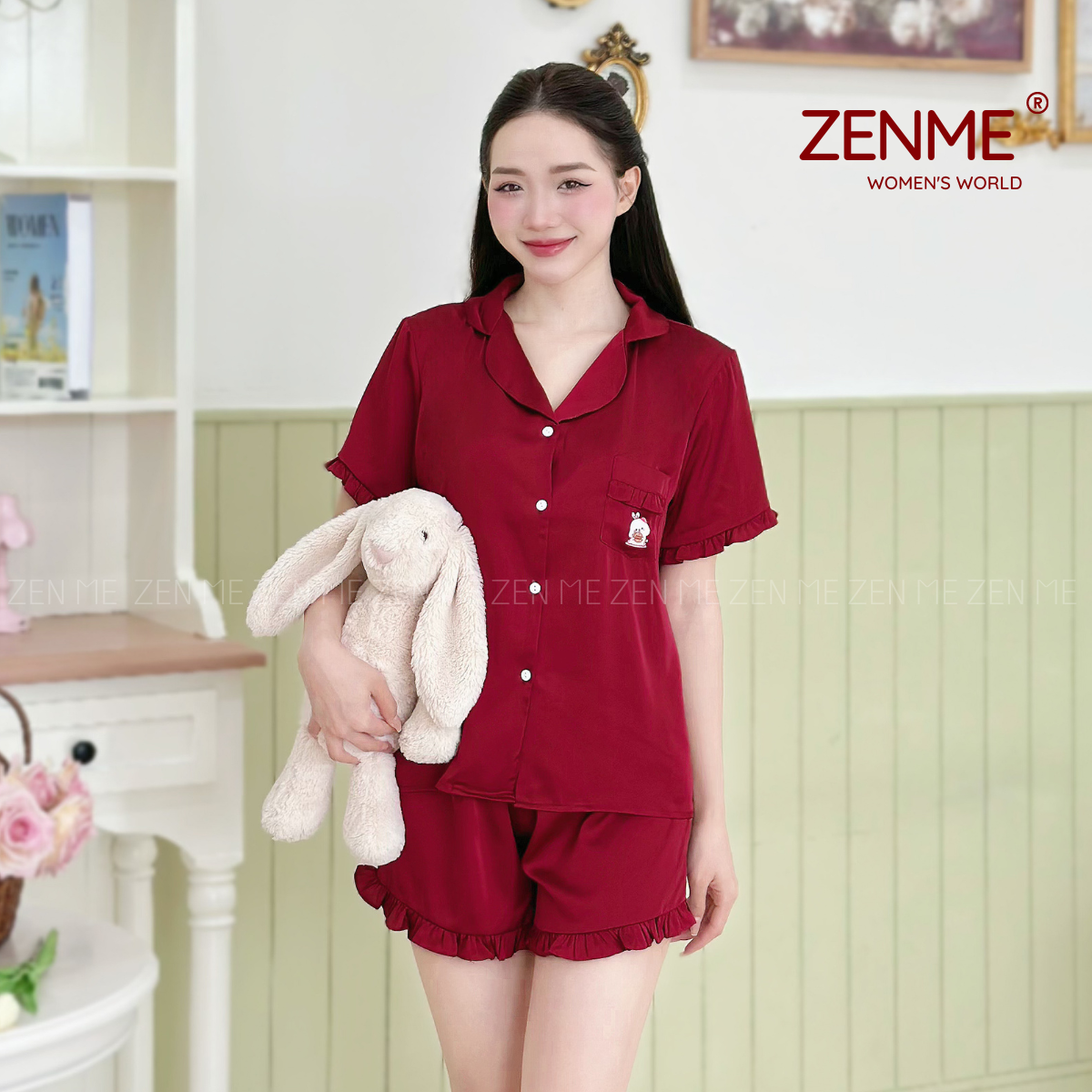 Mô tả Bộ Ngủ Pijama Viền Bèo Cộc Dài  Lụa Cao Cấp ZENME Bộ Mặc Nhà Nữ Lụa Latin Form Rộng PJVB0924 - 2