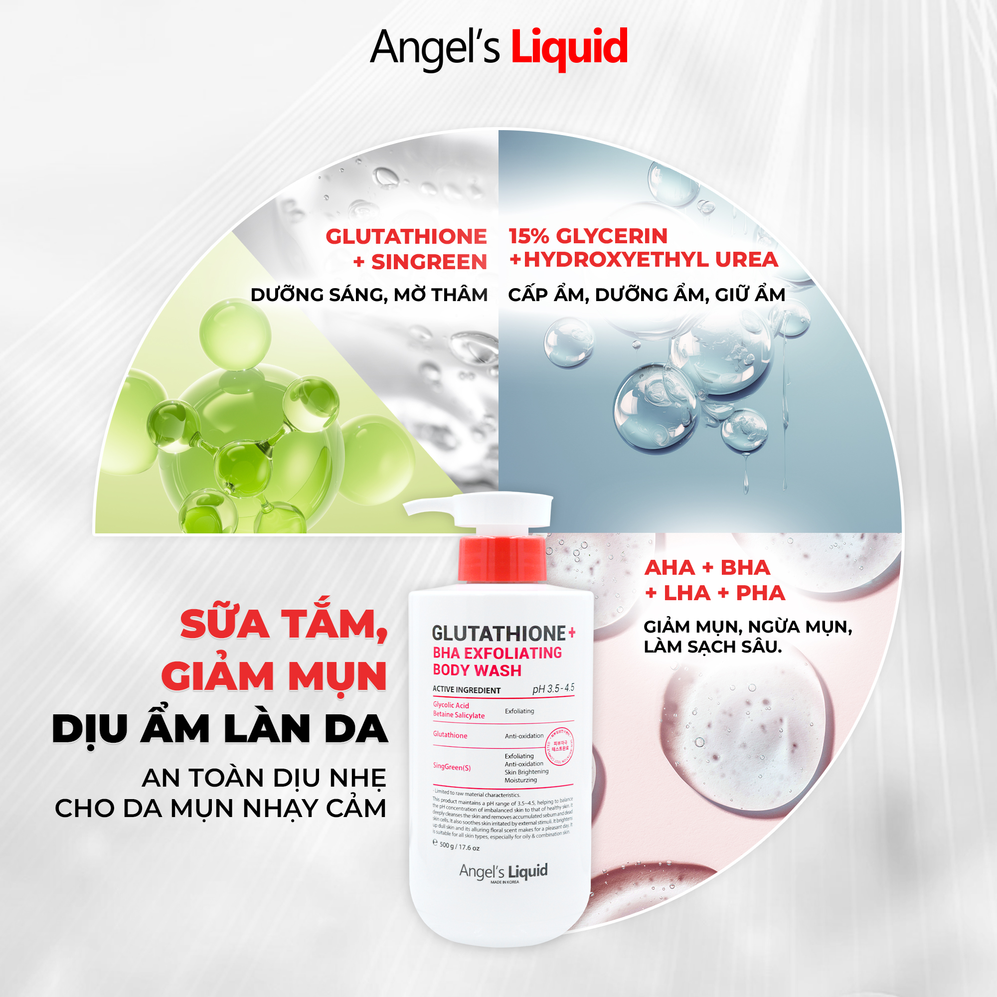 Mô tả Sữa Tắm Giảm Mụn, Dịu Ẩm Làn Da Angel's Liquid Glutathione + BHA Exfoliating Body Wash 500ML - 1