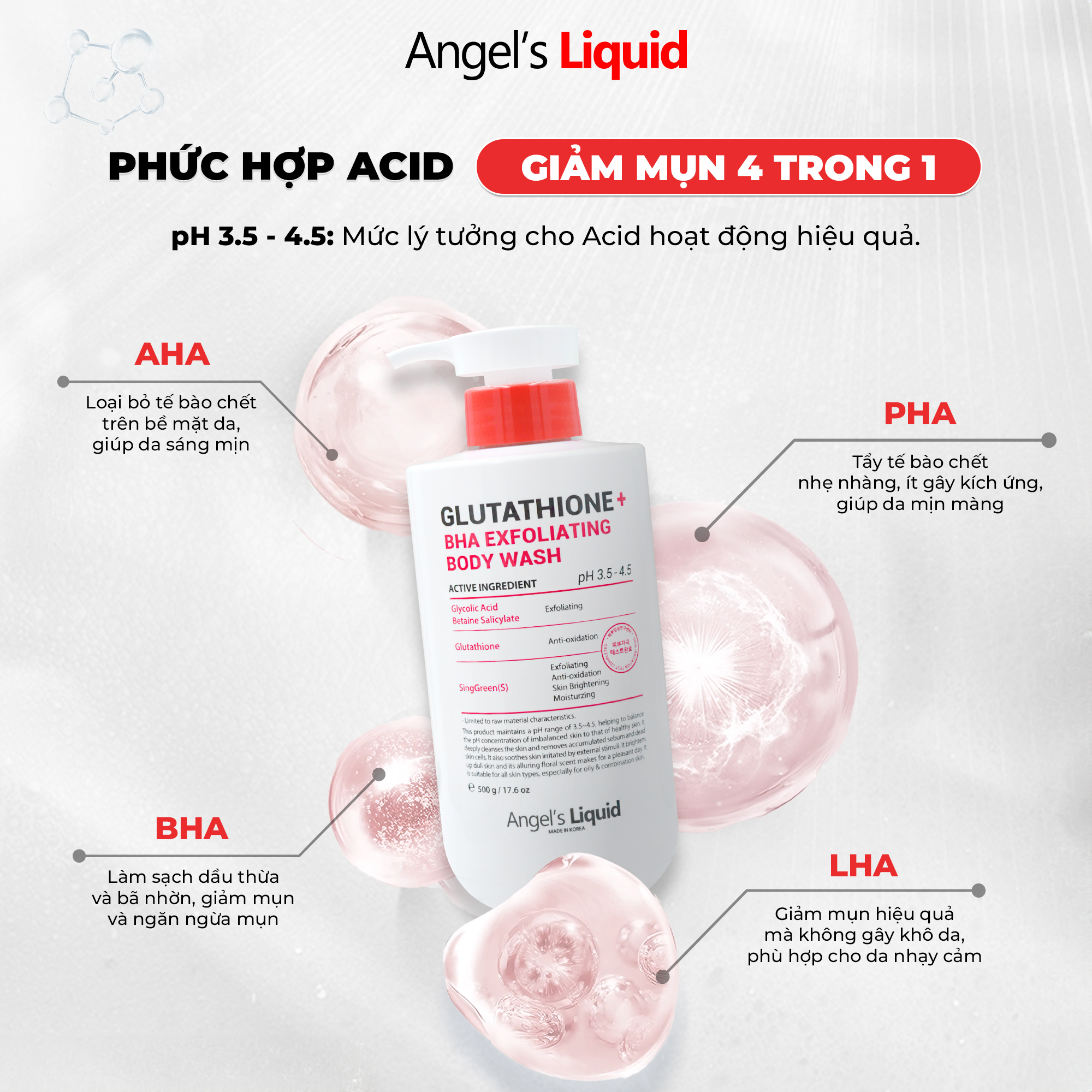 Mô tả Sữa Tắm Giảm Mụn, Dịu Ẩm Làn Da Angel's Liquid Glutathione + BHA Exfoliating Body Wash 500ML - 2