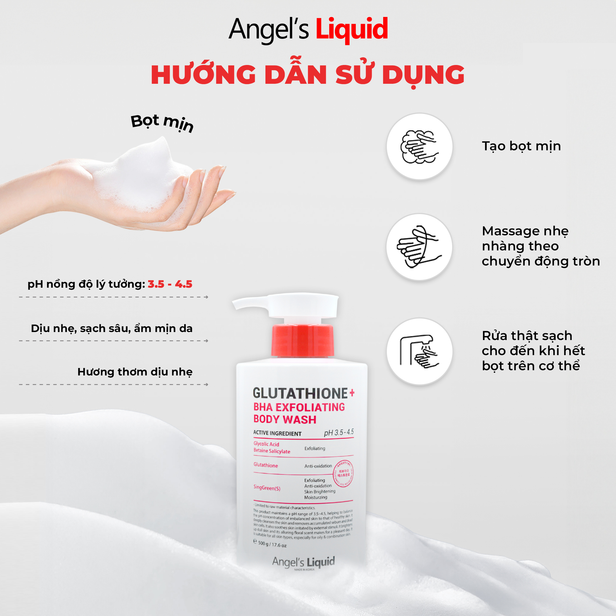 Mô tả Sữa Tắm Giảm Mụn, Dịu Ẩm Làn Da Angel's Liquid Glutathione + BHA Exfoliating Body Wash 500ML - 6