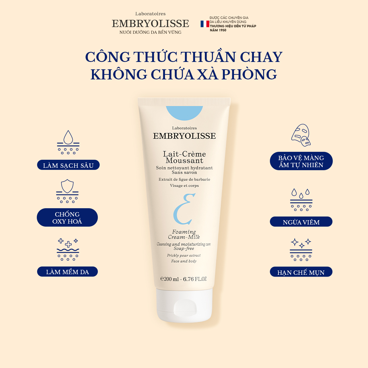 Mô tả [Livestream SSSS x EMB] Sữa Rửa Mặt Sạch Sâu Lait-Creme Moussant Embryolisse 200ml - 3