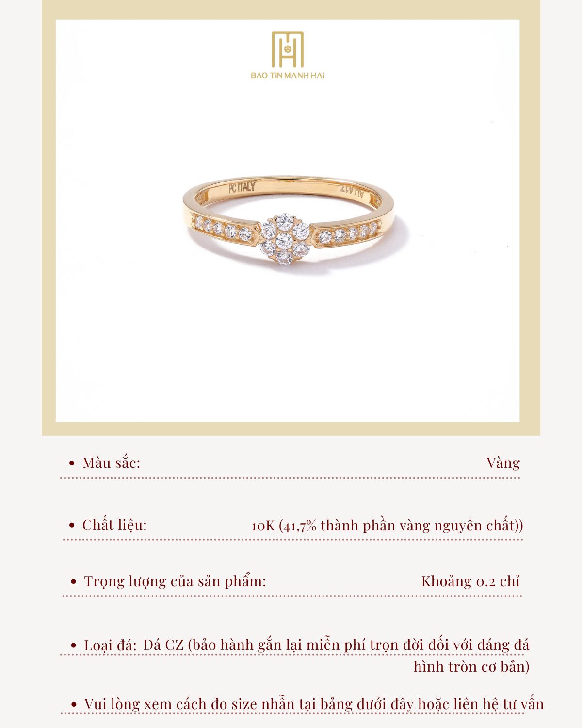 Mô tả Nhẫn vàng 10K Bảo Tín Mạnh Hải thiết kế đính đá sang trong tinh tế phong cách Ý PYN1V10KDH-409050 - 2