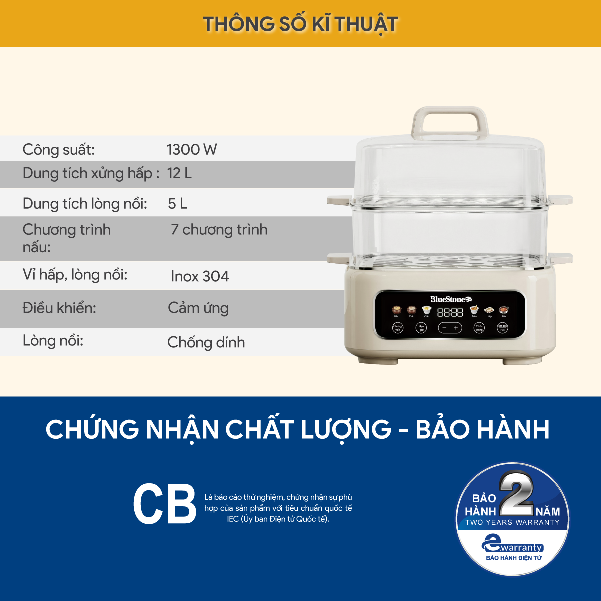 Mô tả Nồi Hấp Đa Năng BlueStone MPB-7238 - 17 lít - 1300W - Điều khiển cảm ứng - 9