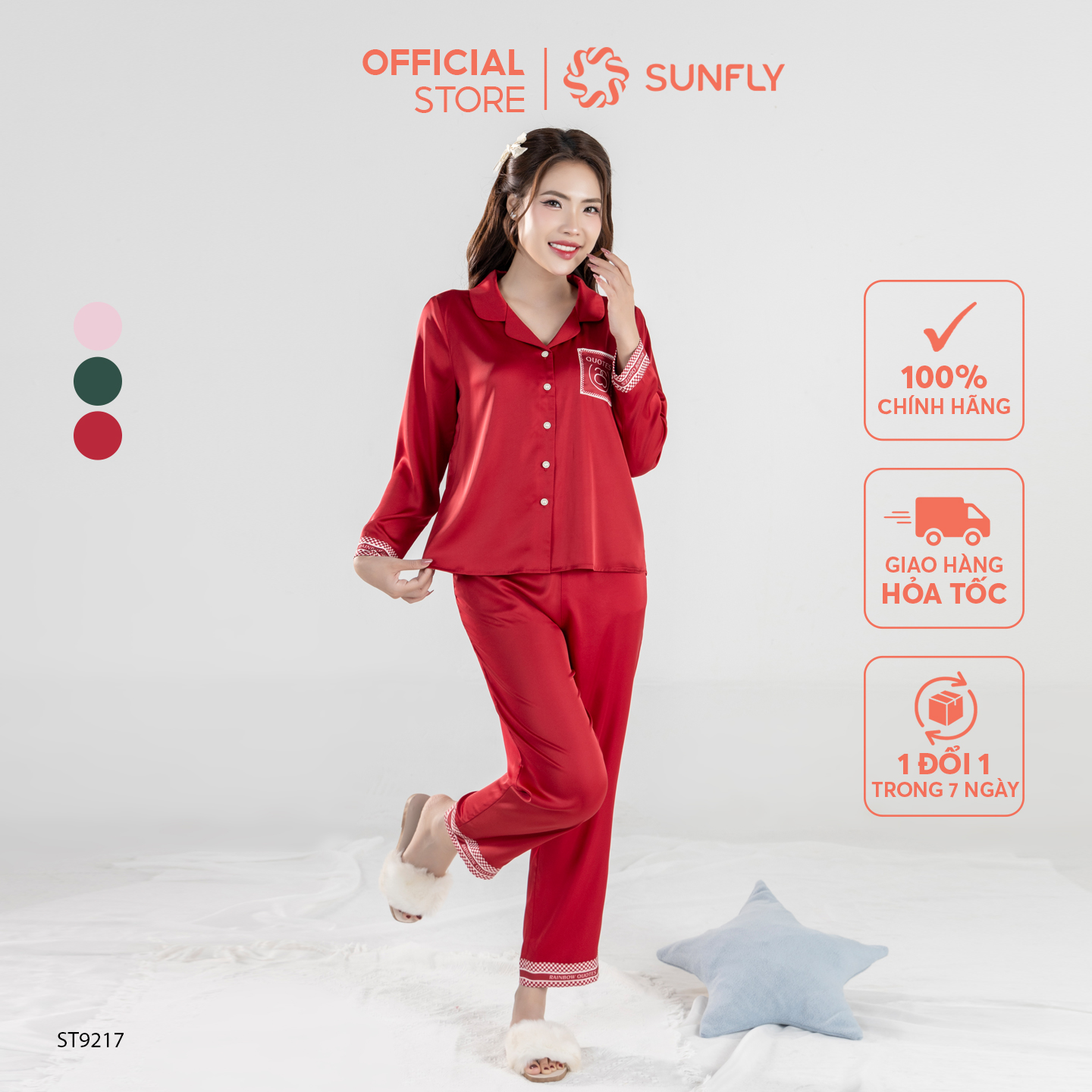 Mô tả Bộ pijamas nữ lụa satin áo dài quần dài ST9217 - 1