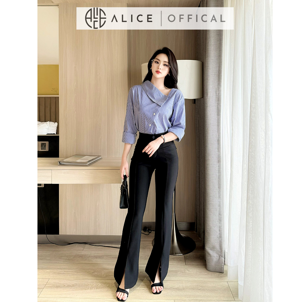Mô tả Set Áo Sơ Mi Kẻ Lệch Vai Dài Tay Và Quần Ống Loe Chất Umi Alice Áo Xanh Chất Thô Thanh Lịch Công Sở S717 - 1