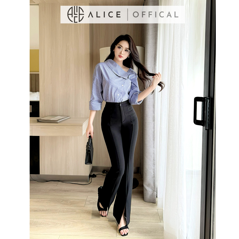 Mô tả Set Áo Sơ Mi Kẻ Lệch Vai Dài Tay Và Quần Ống Loe Chất Umi Alice Áo Xanh Chất Thô Thanh Lịch Công Sở S717 - 4