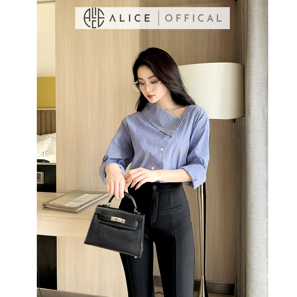 Mô tả Set Áo Sơ Mi Kẻ Lệch Vai Dài Tay Và Quần Ống Loe Chất Umi Alice Áo Xanh Chất Thô Thanh Lịch Công Sở S717 - 5