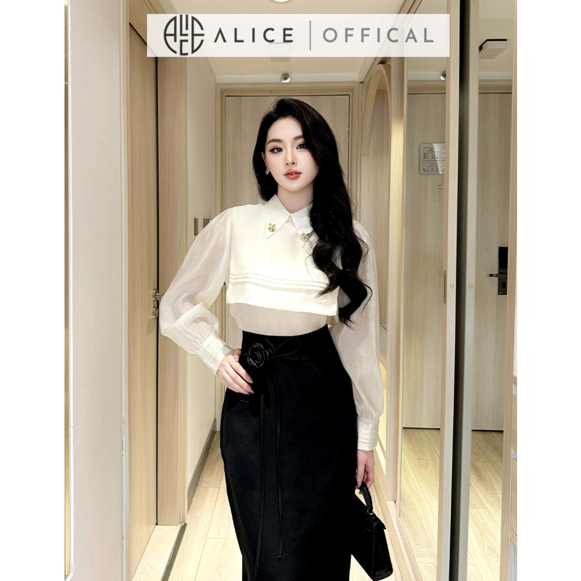 Mô tả Set Áo Sơ Mi Dài Tay Tơ Óng Có Yếm Và Chân Váy Dáng Dài Alice Chất Mango Eo Thắt Hoa Thanh Lịch Công Sở S708 - 2