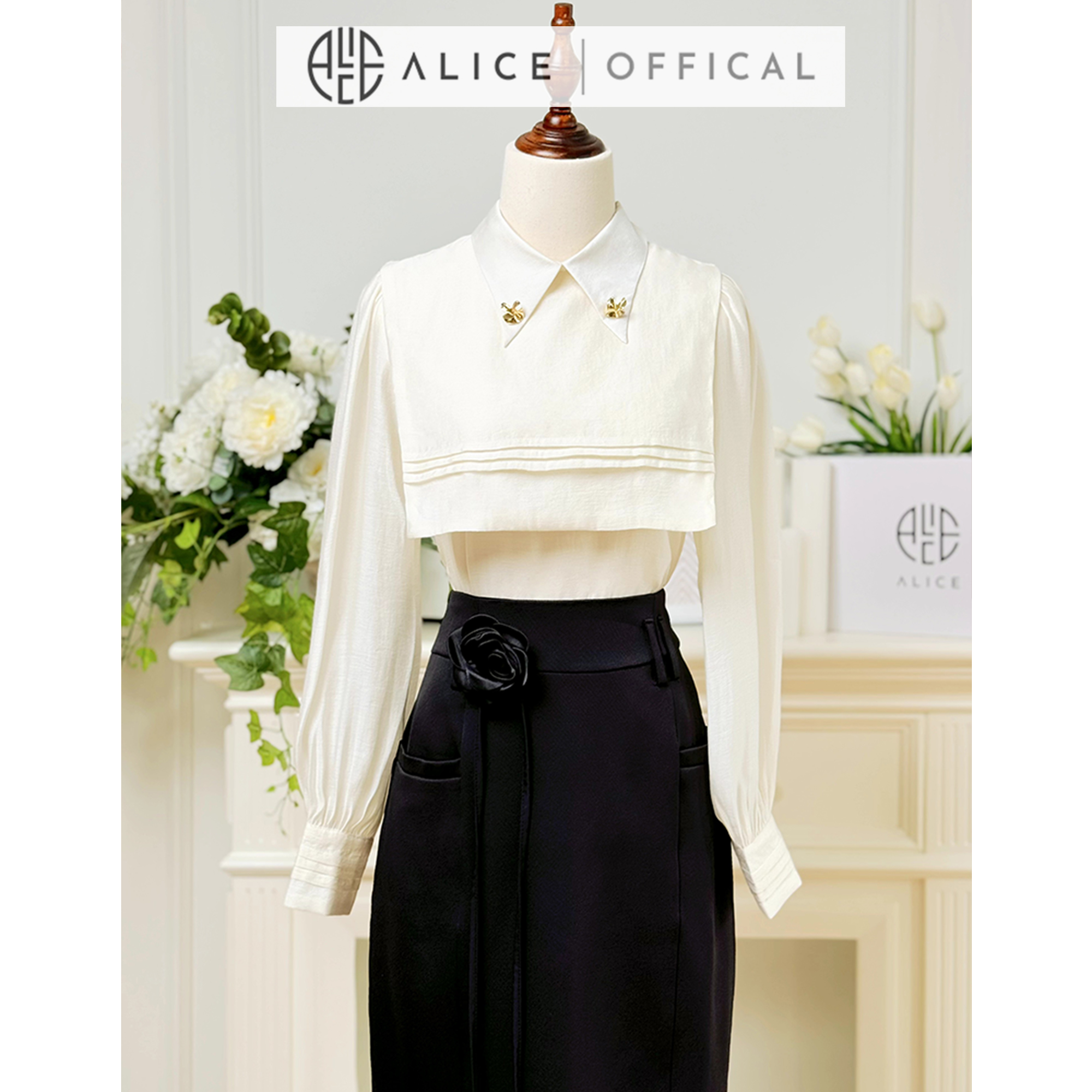 Mô tả Set Áo Sơ Mi Dài Tay Tơ Óng Có Yếm Và Chân Váy Dáng Dài Alice Chất Mango Eo Thắt Hoa Thanh Lịch Công Sở S708 - 5