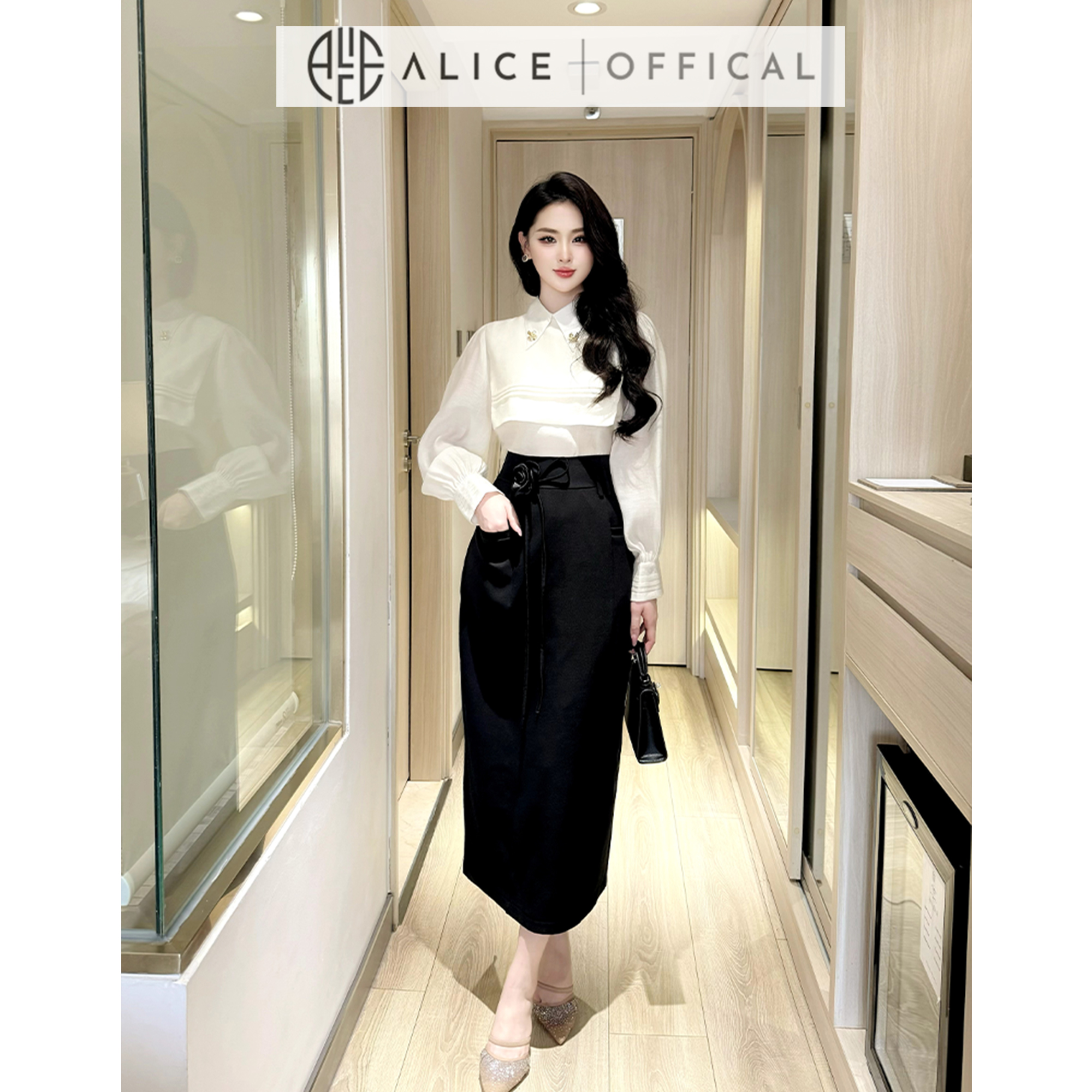 Mô tả Set Áo Sơ Mi Dài Tay Tơ Óng Có Yếm Và Chân Váy Dáng Dài Alice Chất Mango Eo Thắt Hoa Thanh Lịch Công Sở S708 - 6