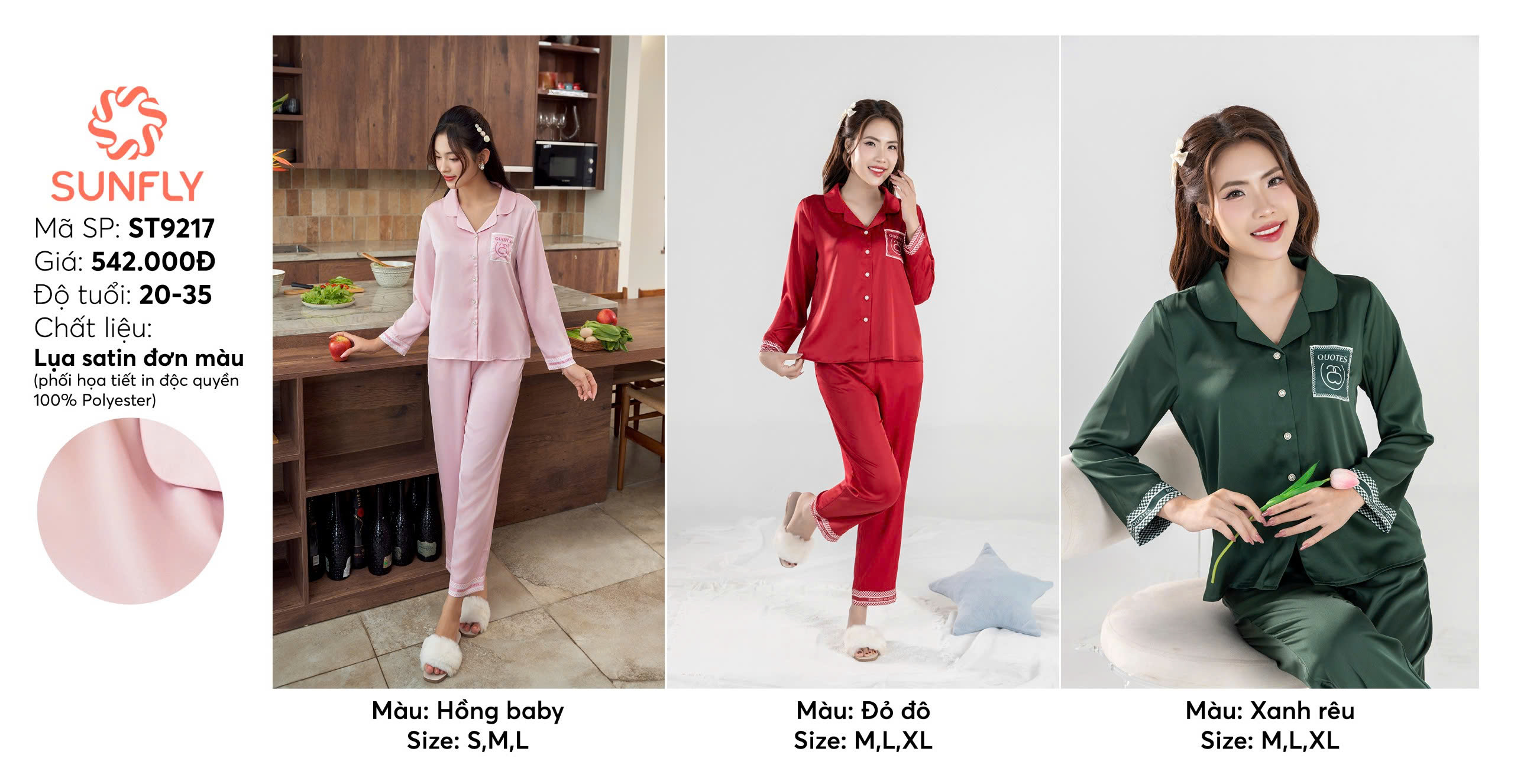 Mô tả Bộ pijamas nữ lụa satin áo dài quần dài ST9217 - 3