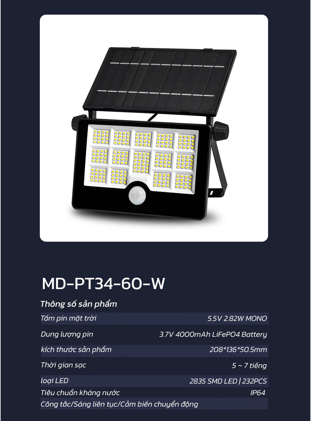 Mô tả Đèn Pha Led Cảm Biến Chuyển Động Ngoài Trời Năng Lượng Mặt Trời MODI SOLAR Có Cổng Sạc USB - 9