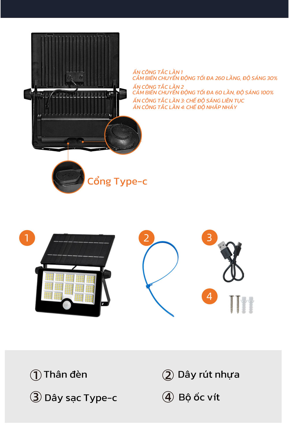 Mô tả Đèn Pha Led Cảm Biến Chuyển Động Ngoài Trời Năng Lượng Mặt Trời MODI SOLAR Có Cổng Sạc USB - 10