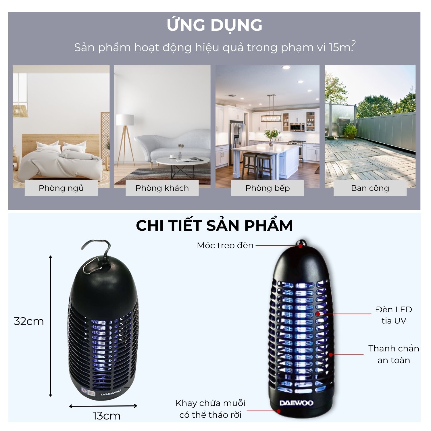 Mô tả Đèn bắt muỗi Daewoo ánh sáng xanh thu hút côn trùng DWIK-780 an toàn, công suất 6W, tiết kiệm điện năng, BH 1 năm - 5