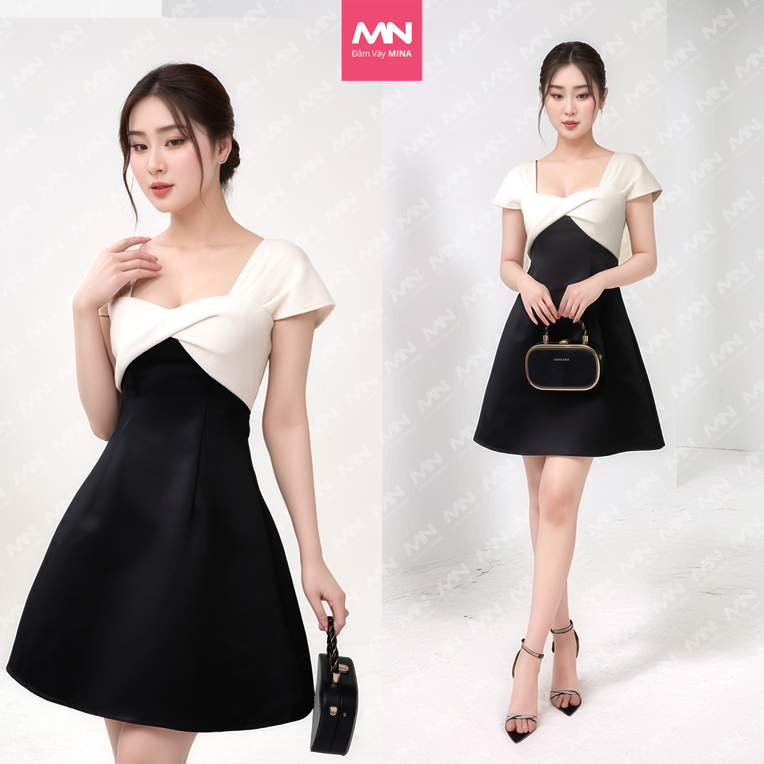 Mô tả Đầm nữ MINA dáng xoè ngắn chất Taffeta phối nơ ngực tơ gân sang trọng dự tiệc, đi chơi, công sở MN187 - 1