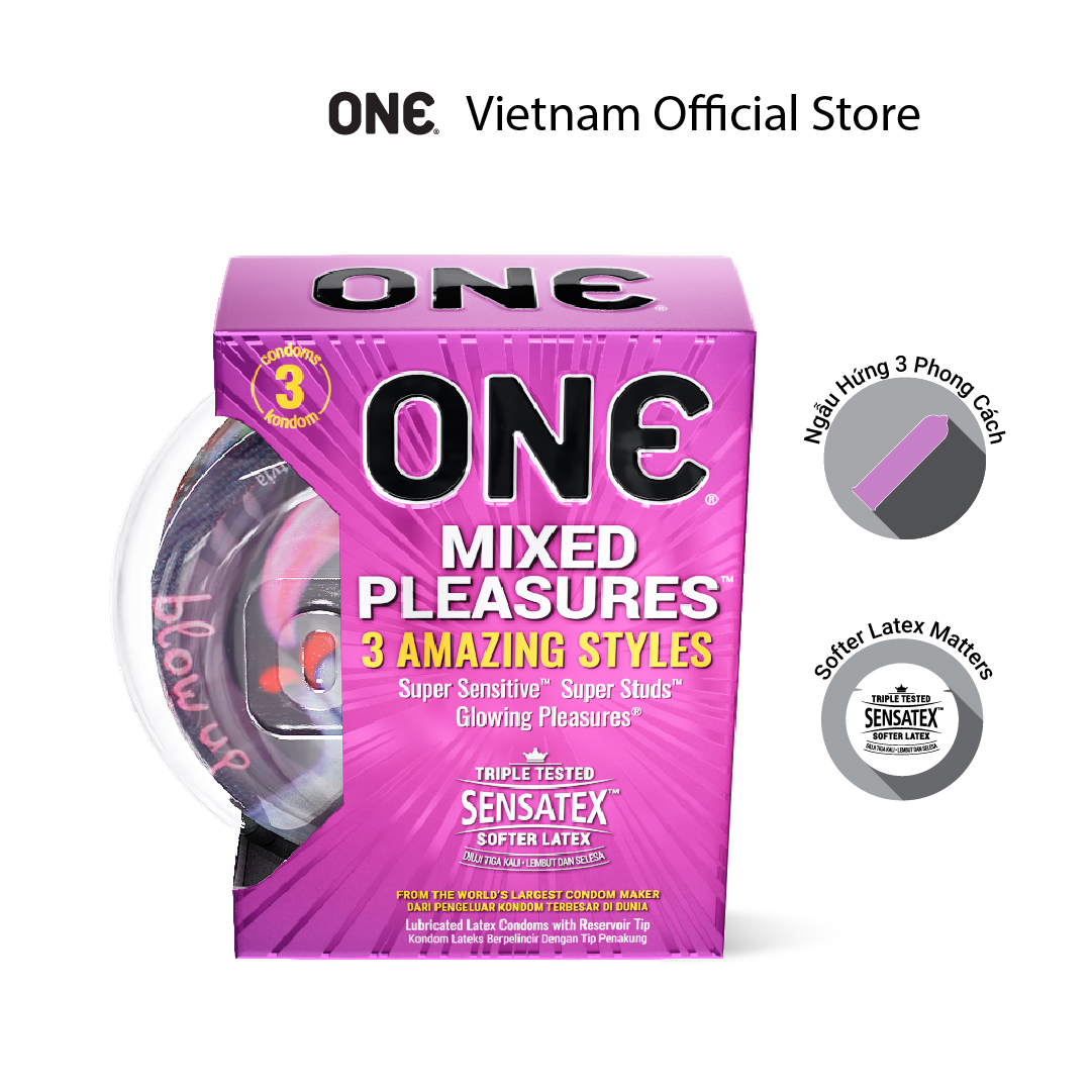 Mô tả Bao Cao Su ONE của Mỹ One Mixed Pleasuares Mix Nhiều Loại Có Bao Phát Sáng, size 53mm - 1