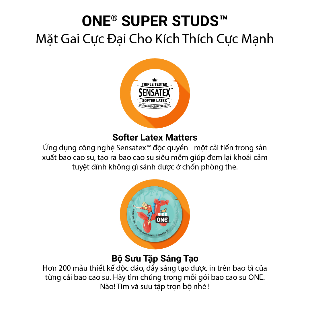 Mô tả Bao Cao Su ONE của Mỹ Có Gai Cực Đại Mềm One Super Studs size 53mm - 2
