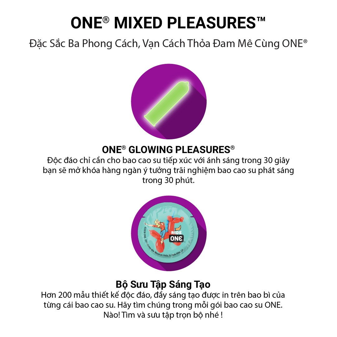 Mô tả Bao Cao Su ONE của Mỹ One Mixed Pleasuares Mix Nhiều Loại Có Bao Phát Sáng, size 53mm - 3