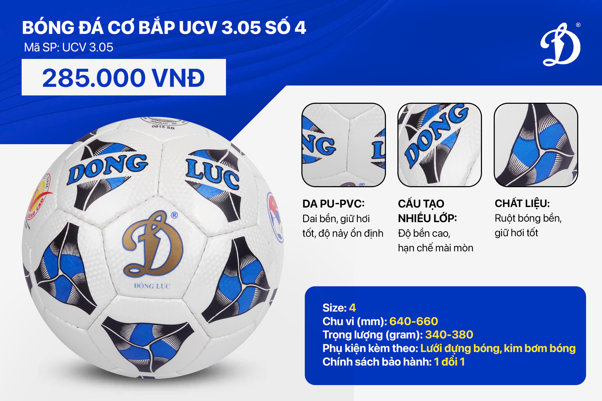 Mô tả Quả bóng đá Động Lực UCV 3.05 size 5, bóng đá chính hãng tặng kèm phụ kiện kim bơm, lưới đựng - 2