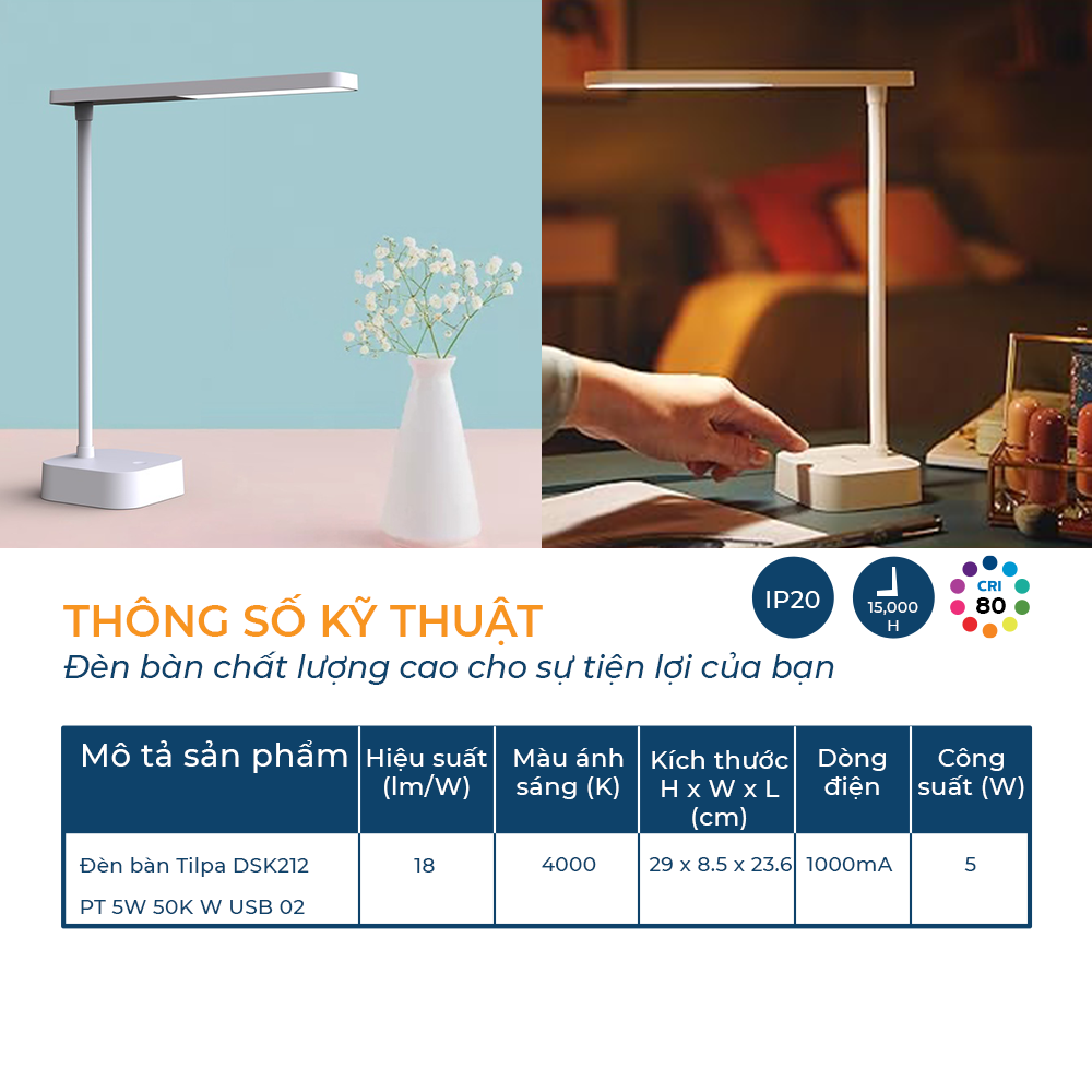 Mô tả Đèn bàn Philips bảo vệ mắt DSK212 Tilpa PT 5W 4000K -  Điều chỉnh độ sáng, êm dịu cho đôi mắt khỏe đẹp - 2