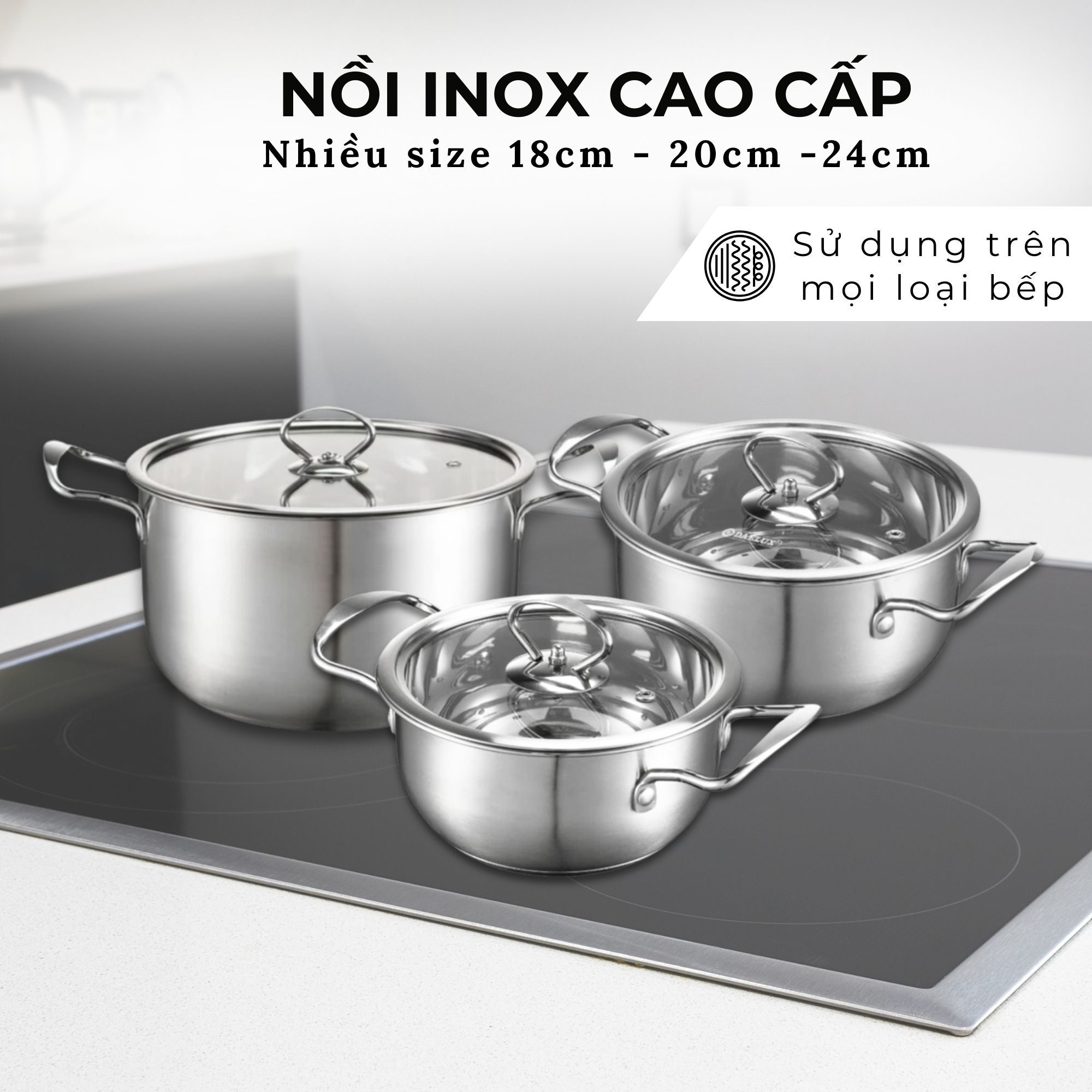 Mô tả Nồi inox bếp từ 5 đáy, inox 304 cao cấp siêu bền Daelux (18cm,20cm,22cm,24cm) - 1