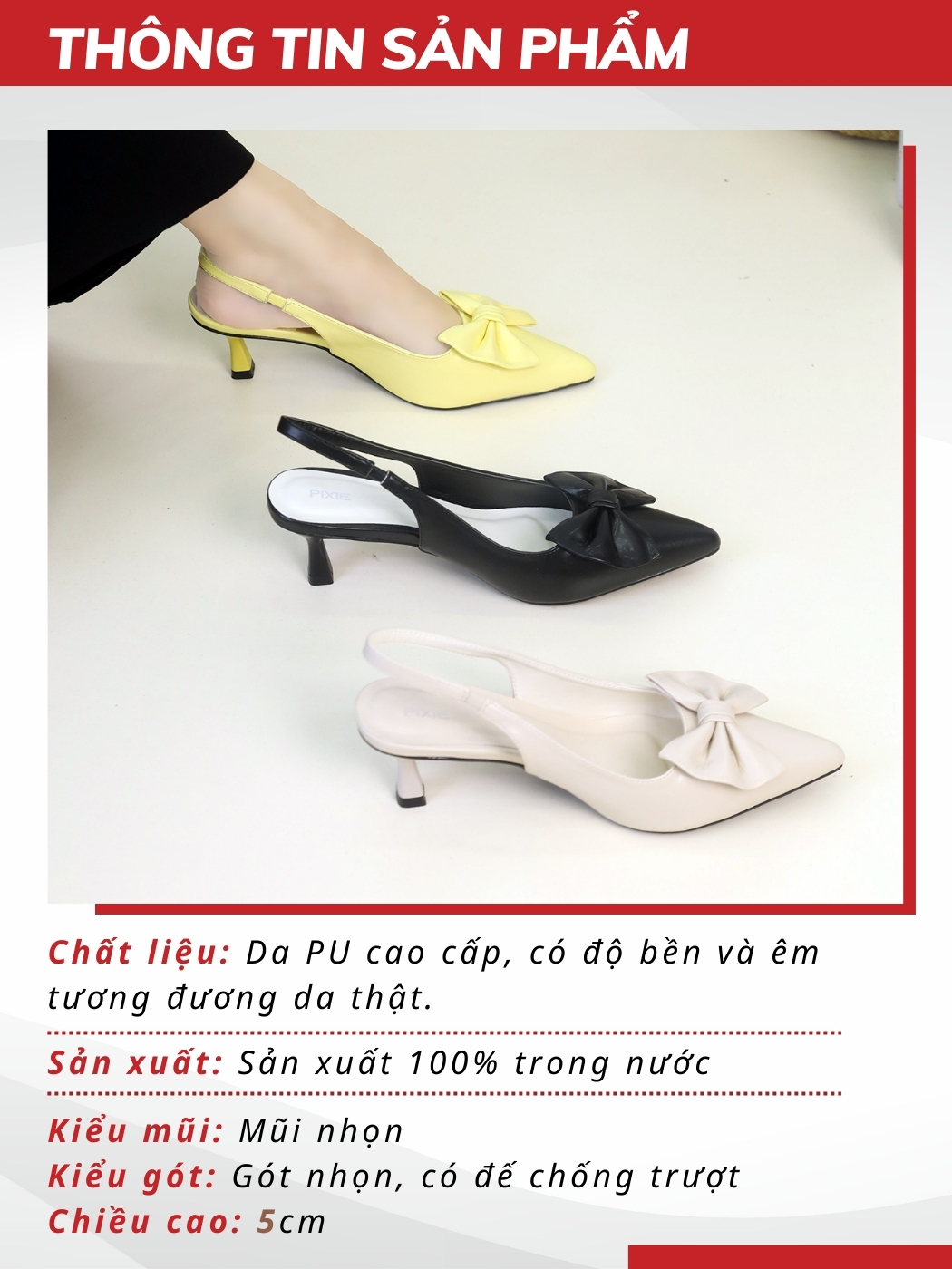 Mô tả Giày Cao Gót Slingback Nữ cao 5cm Mũi Nhọn Phối Nơ Pixie H344 - 2