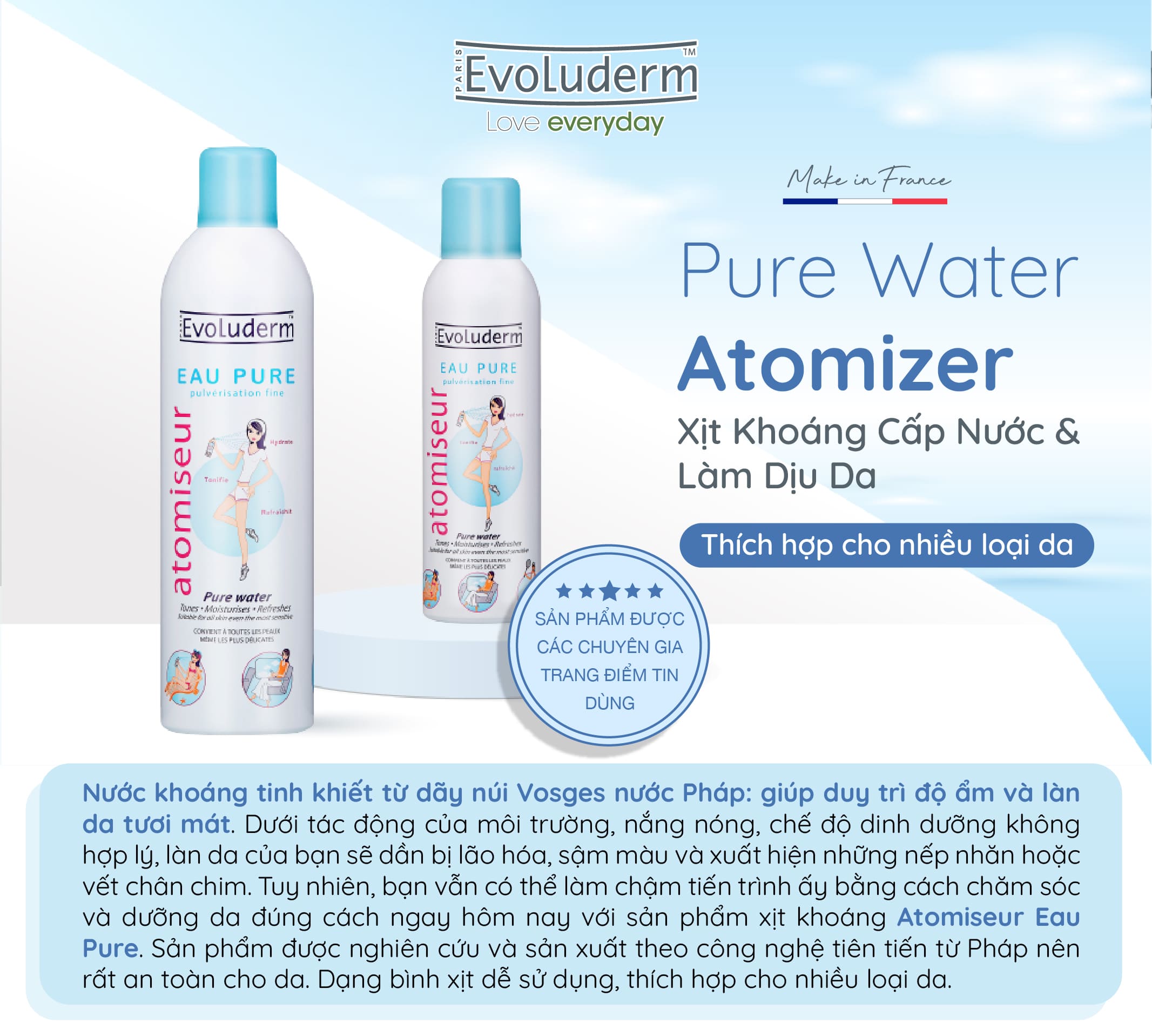 Mô tả Bộ xịt khoáng dưỡng da cấp ẩm Evoluderm Atomiseur Eau Pure 400ml và 150ml - 2
