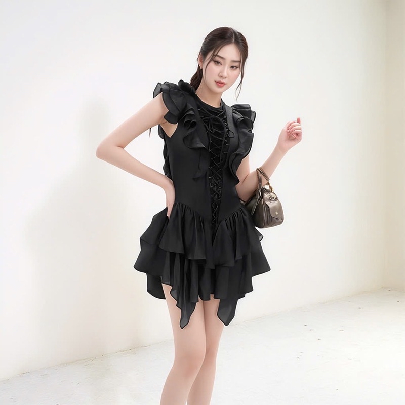 Mô tả Váy tiểu thư MINA thiết kế cổ tròn dáng xoè bèo chất liệu Cotton phối lụa  - MN296 - 3